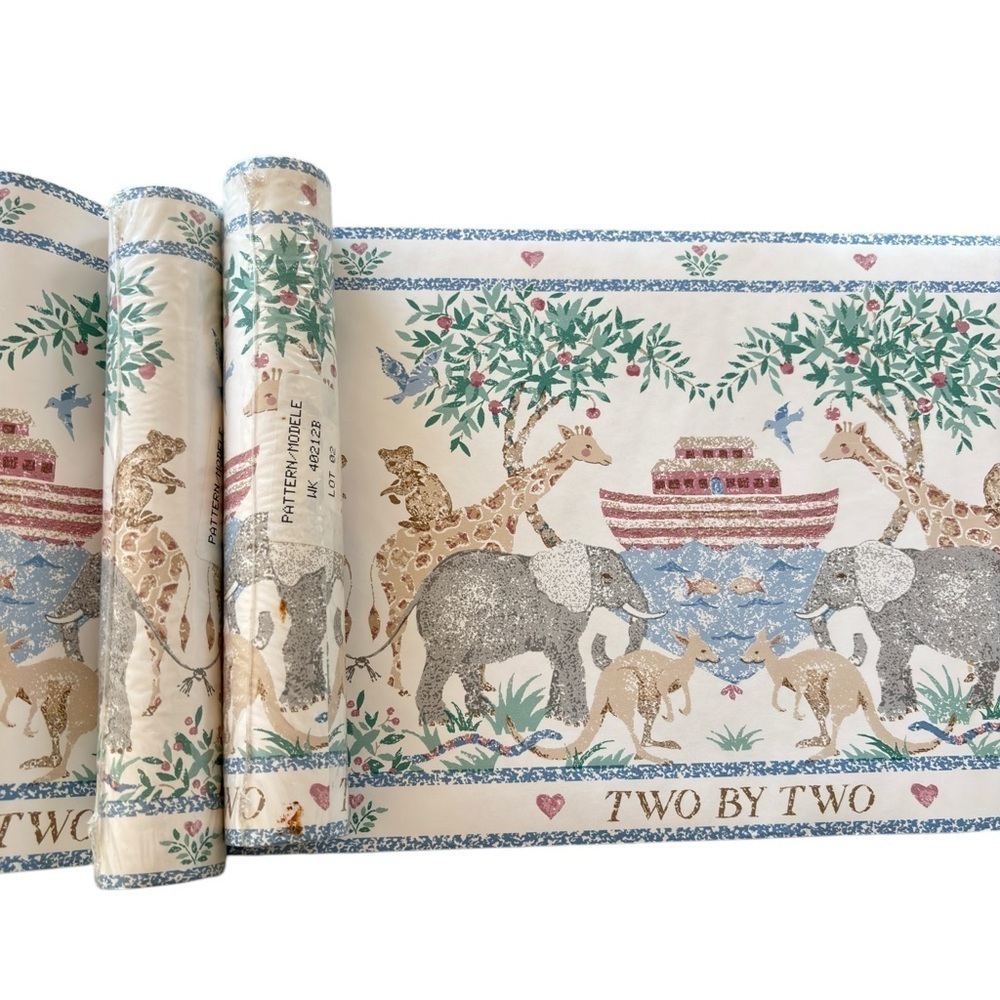 VTG Two by Two Noah's Ark Wallpaper Border 5 YD X 9" Elephant Giraffe Prepasted